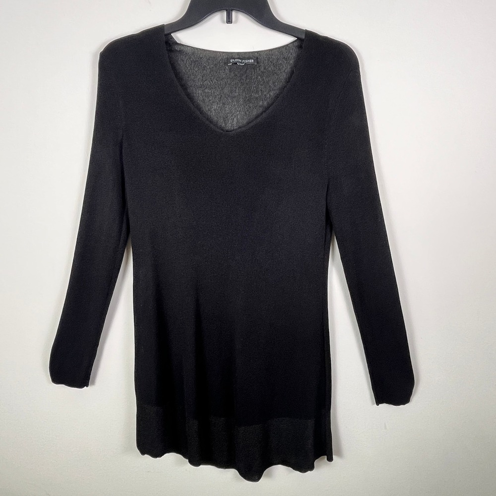 Eileen Fisher Black V-Neck Long Sleeve Shimmer Metallic Tunic Top XS-SM